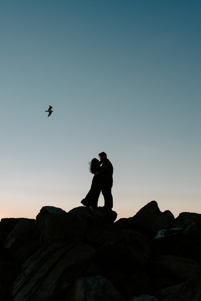 A couples silhouette standing on top of rocks with a bird flying above them as the woman holds onto the mans face during their blue hour engagement photos