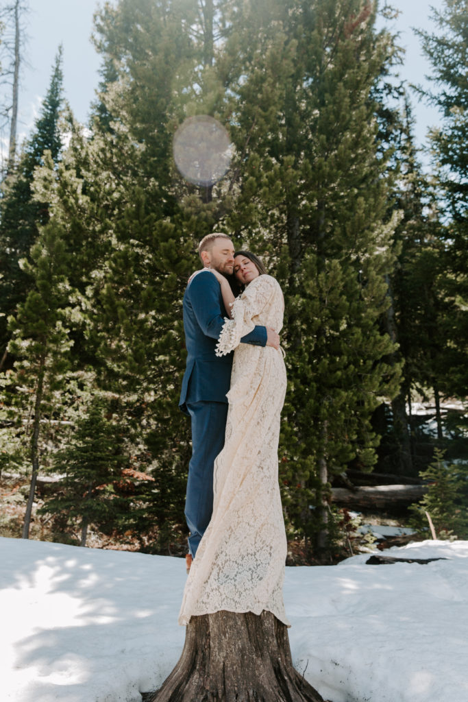 Newly wed couple standing on a stump hugging on each other with snow and pine trees in the background
