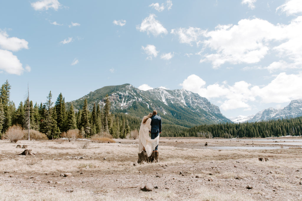 Couple standing on a stump looking out at the mountains as the woman rests her head on his shoulder during their Bozeman elopement