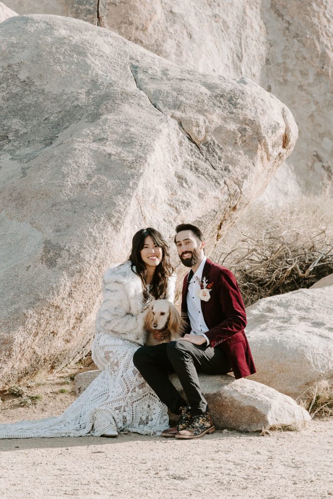 Couple in wedding attire as they sit on a rock with their dog between them during their Joshua Tree National Park elopement in Southern California