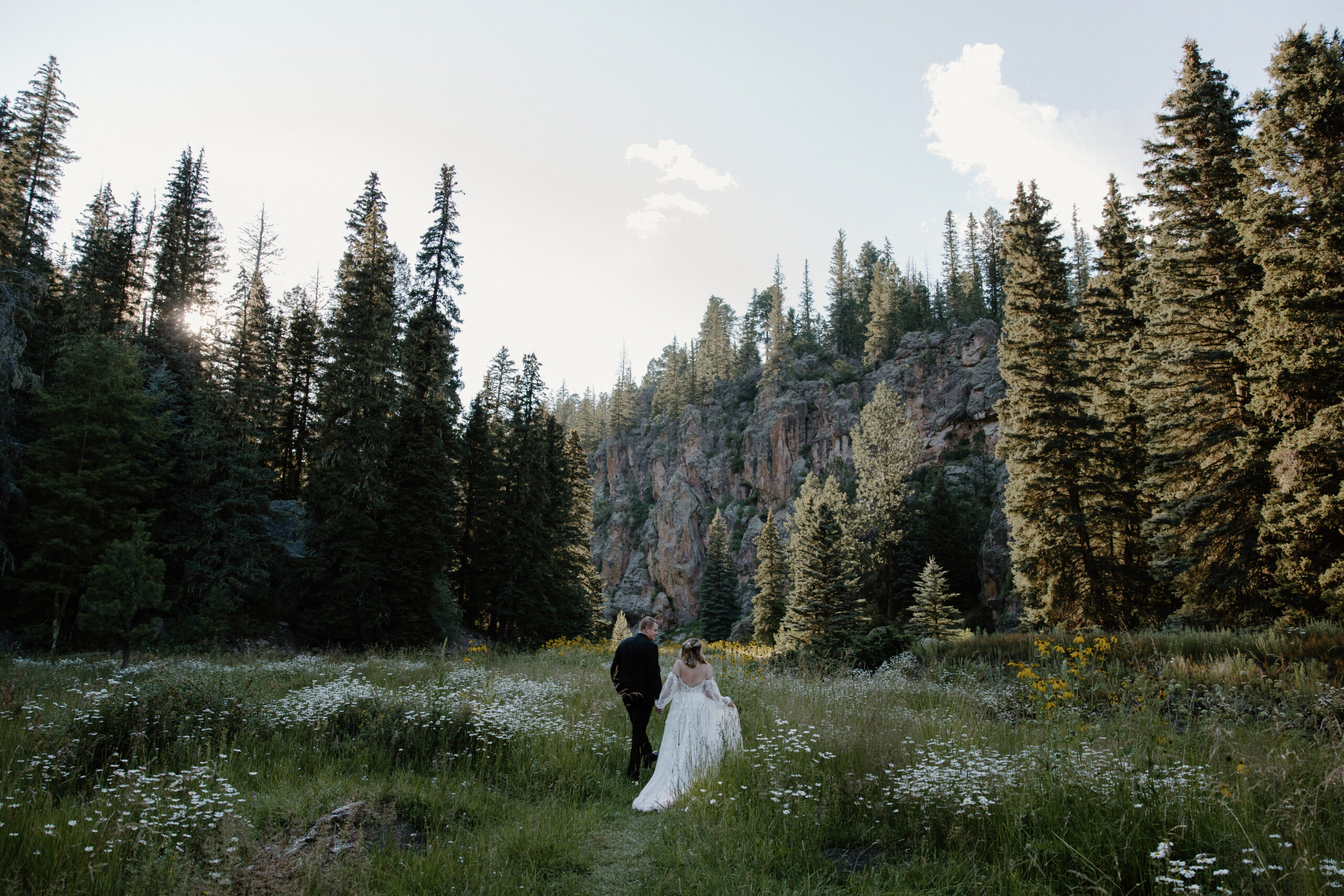 A couple in wedding attire holding hands and walking along a path surrounded by wildflowers during their New Mexico elopement