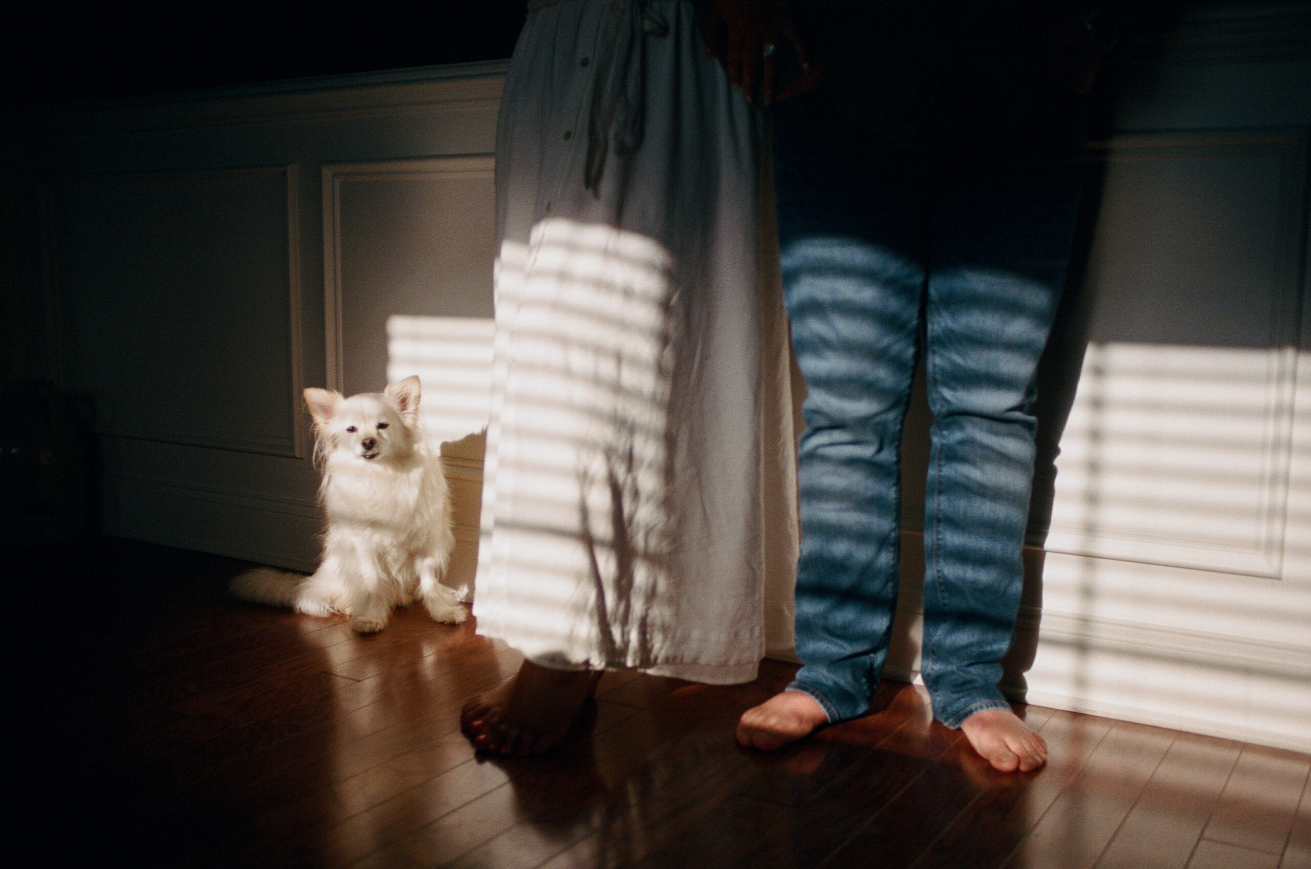 A dog sitting next to his owners as they lean up against a wall during their in-home Tennessee photoshoot