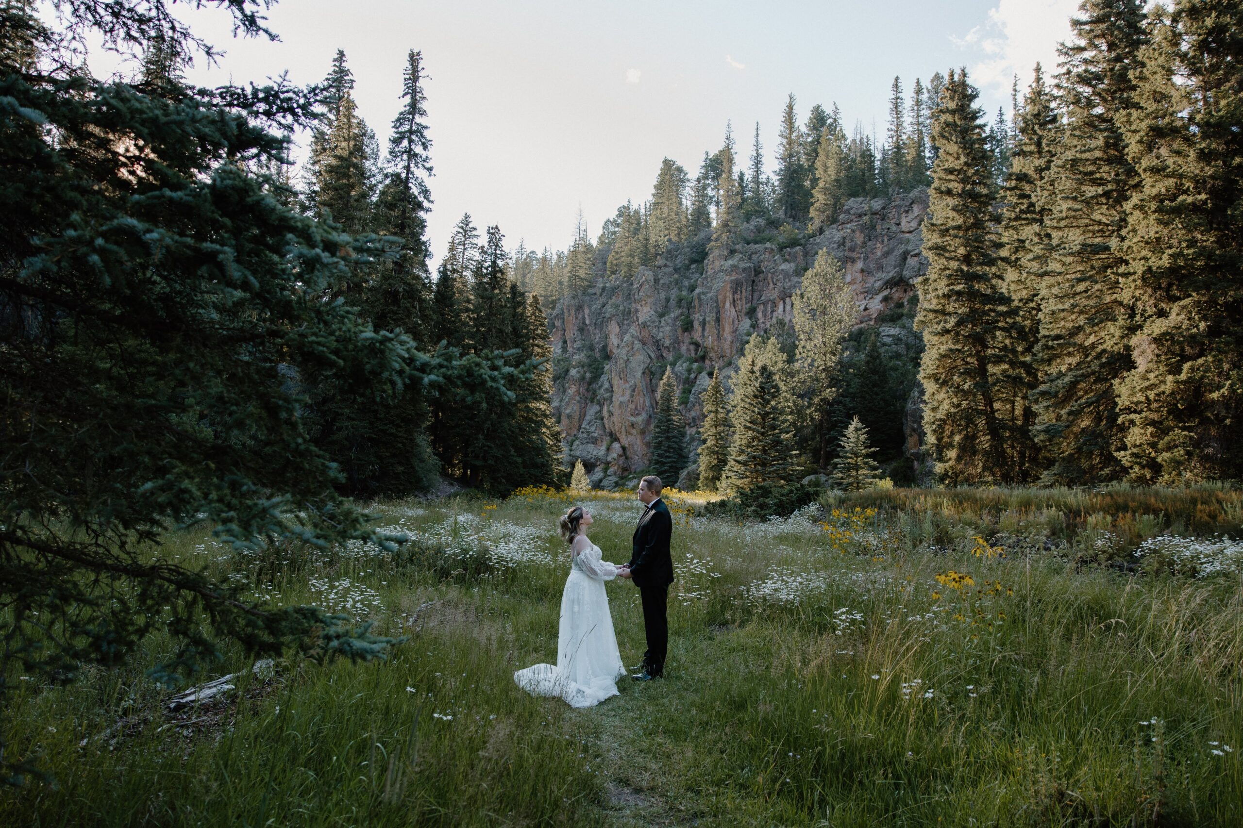 A couple reading their vows to each other surrounded by lush trees and soaring mountains during their northern New Mexico elopement