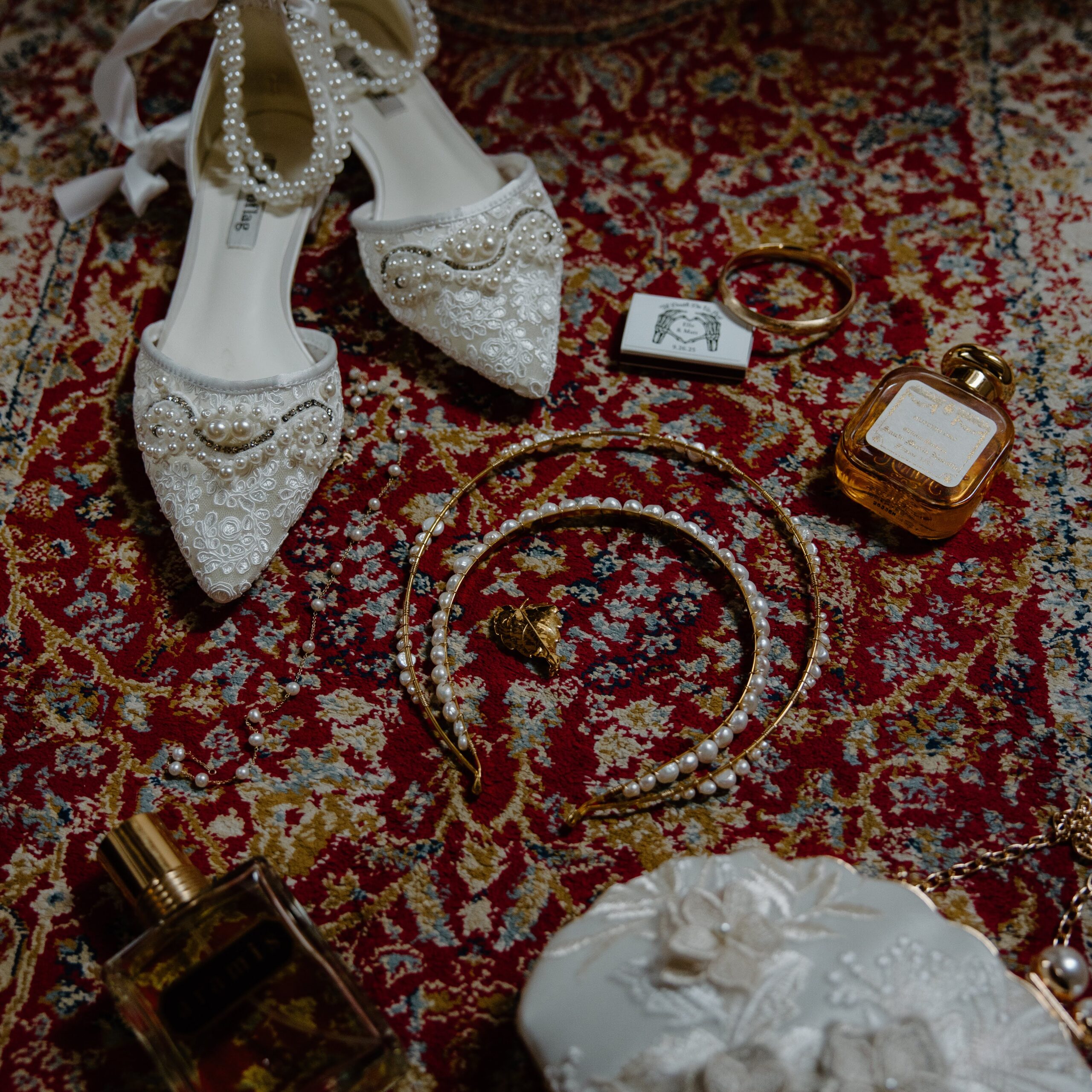 Wedding details sitting on a vintage rug during a Croatia elopement on hvar island