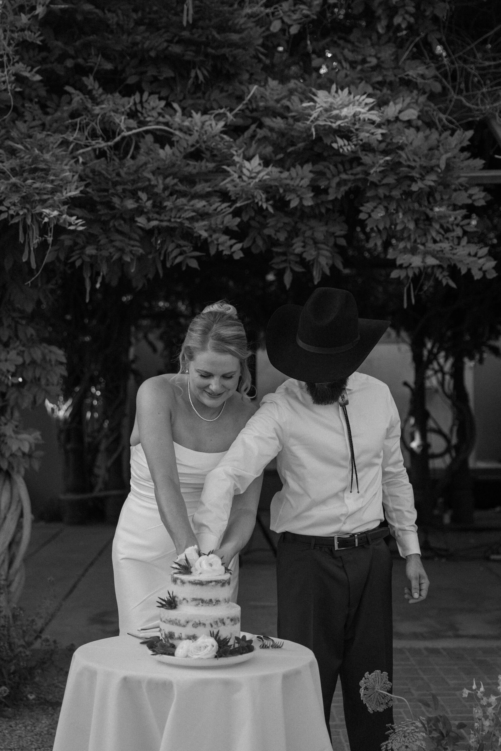 A couple cutting their two tier wedding cake during their outdoor wedding reception in Albuquerque New Mexico