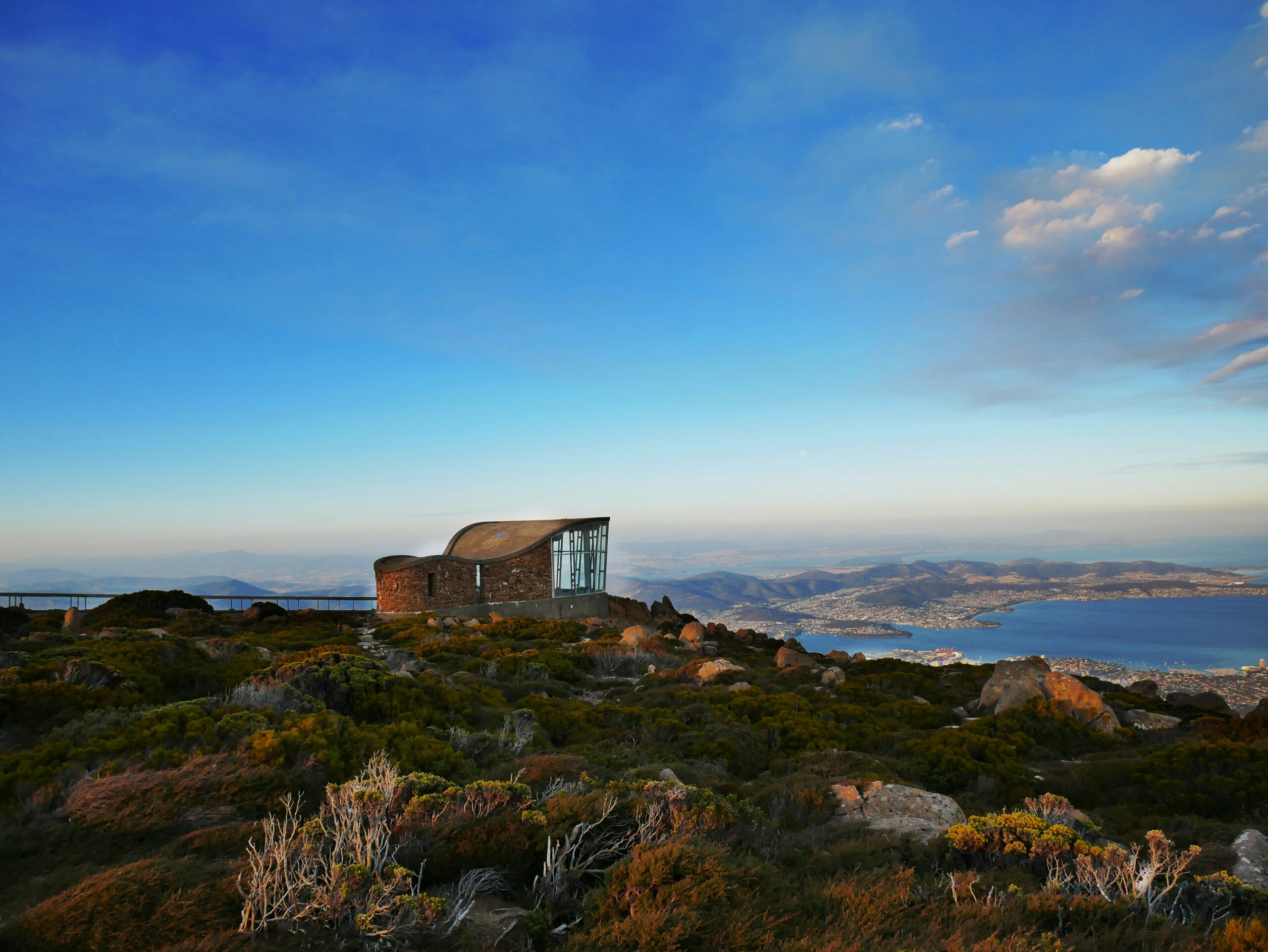A view from Mt Wellington at sunset over the city of Hobart Tasmania Australia how to elope in tasmania